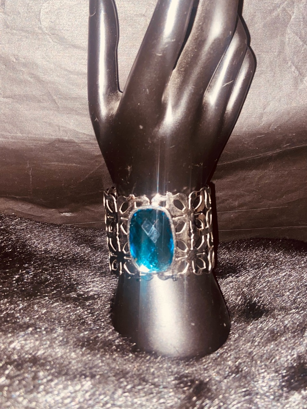 Wide Filigree Bracelet with Large Teal Blue Stone